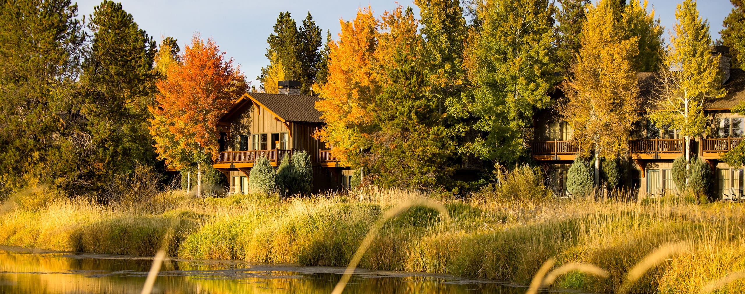 A rustic house nestled among autumn trees sits beside a calm river, with golden grasses and colorful foliage reflecting the early fall season.