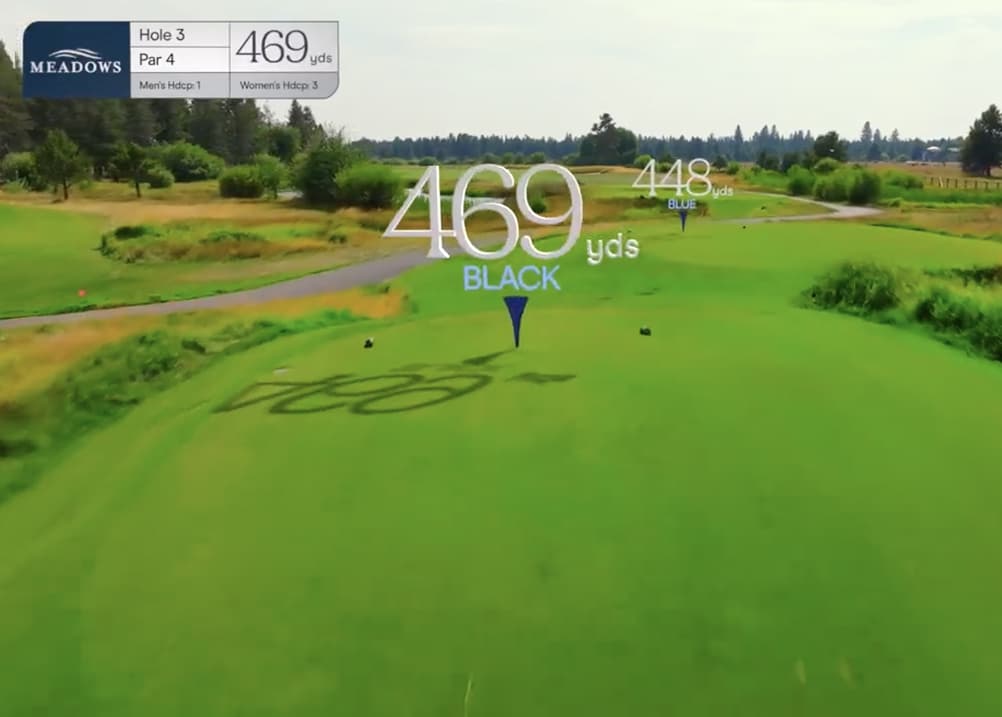 Aerial tee perspective of Meadows Golf Course Hole 3, a 469-yard par 4 with a gently curving fairway, scattered trees, and maintained rough.