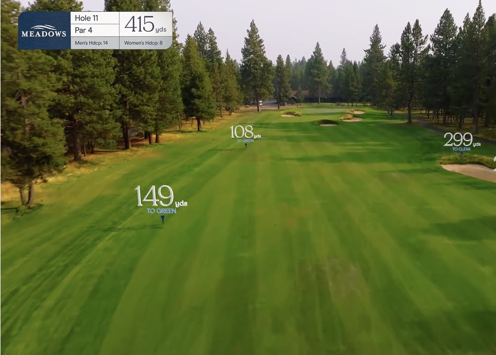 Aerial fairway approach of Meadows Golf Course Hole 11, a 415-yard par 4 with a tree-lined corridor, distance markers to the green, and multiple bunkers protecting the approach.