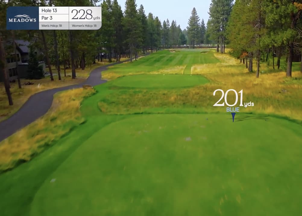 Aerial perspective of Meadows Golf Course Hole 13, a 228-yard par 3 with an elevated tee overlooking a green framed by trees and light rough.