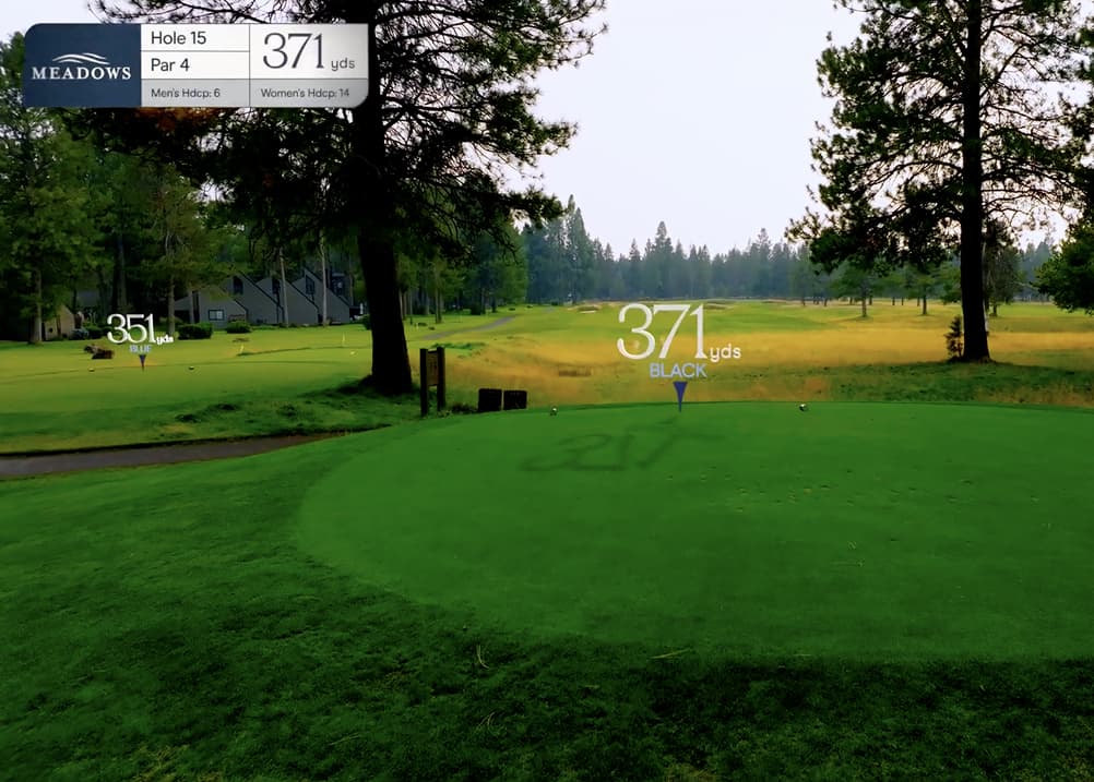 Aerial tee box view of Meadows Golf Course Hole 15, a 371-yard par 4 with a shaded tee area opening into a wide fairway lined by tall trees.