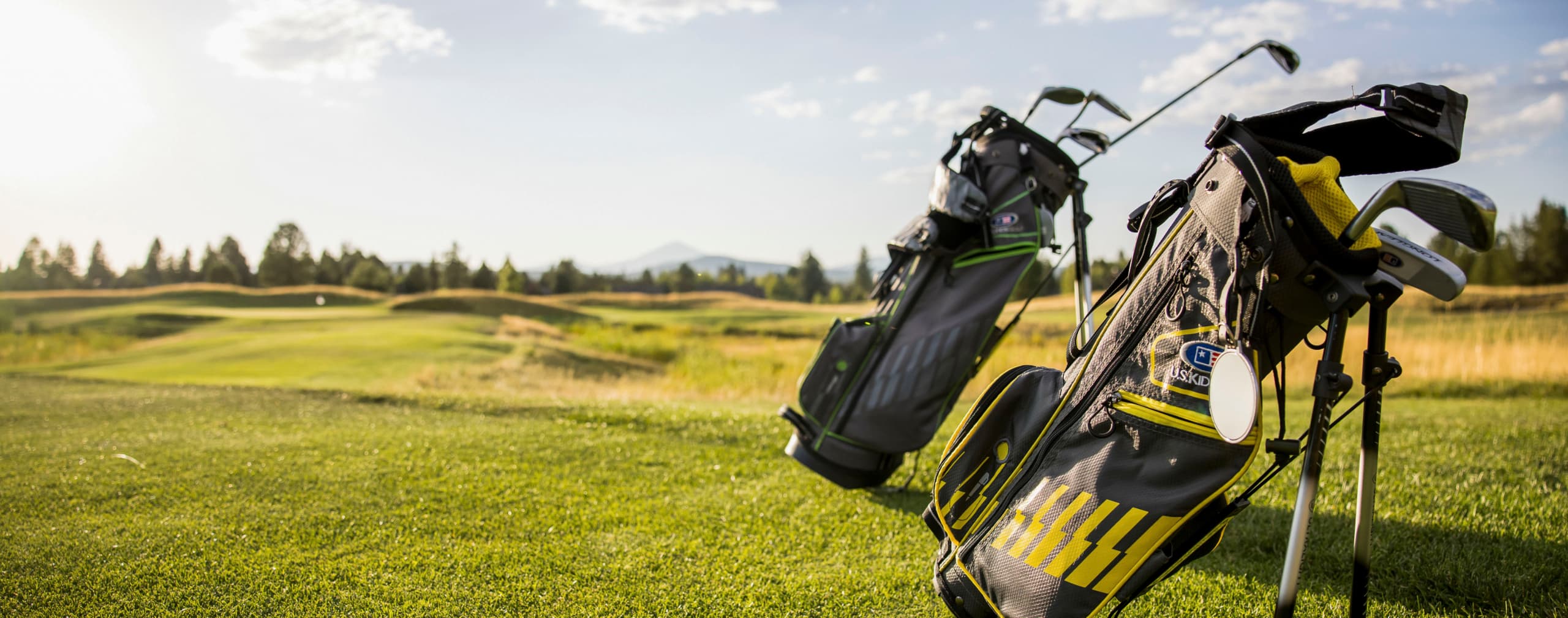 Two golf bags with clubs sit on a sunny golf course, surrounded by green grass and distant trees, with blue sky and light clouds in the background.
