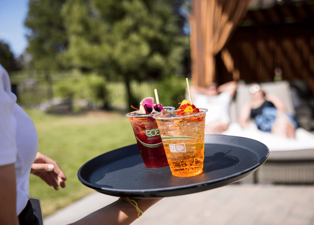 A person carries a tray with two colorful drinks topped with flowers. In the background, two people relax on a lounge chair outdoors near a wooden cabana.