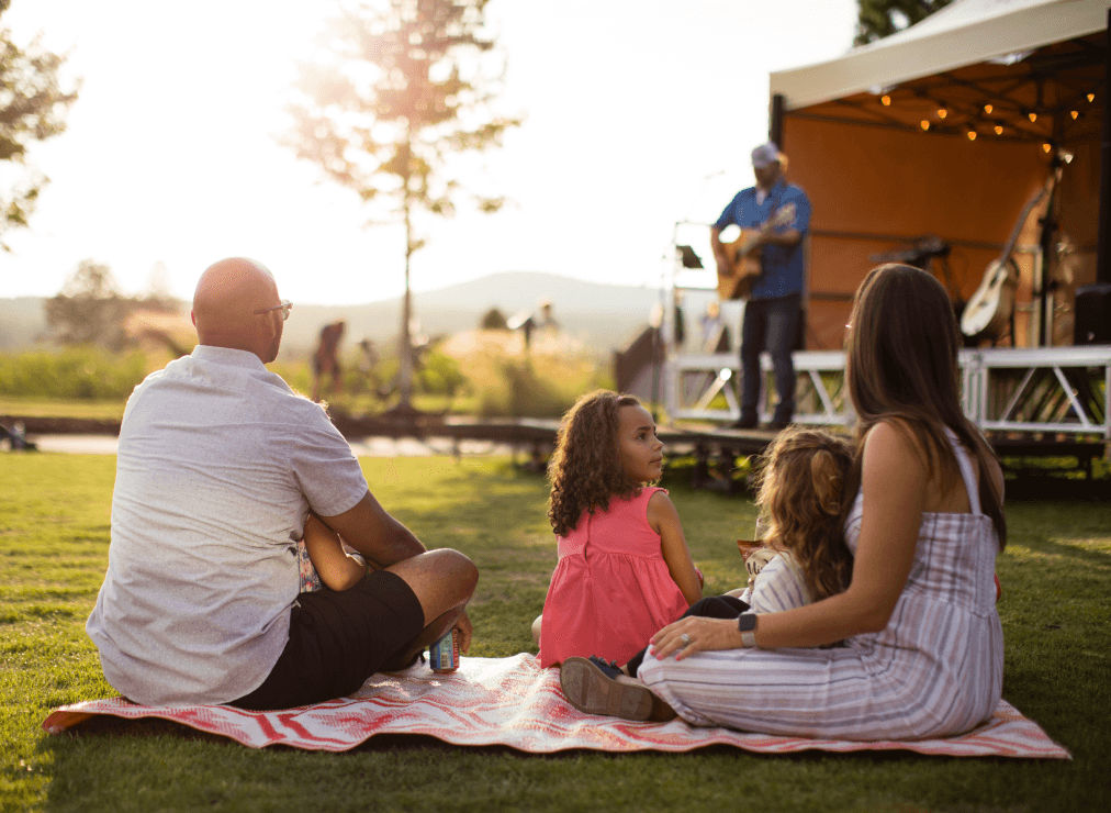 A family sits on a blanket at an outdoor event, watching a musician perform on stage. The scene is sunny, relaxed, and set in a grassy park area.