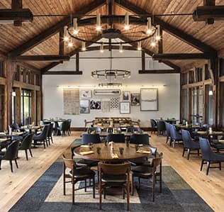Interior of Lake House restaurant dining room during the day with no people