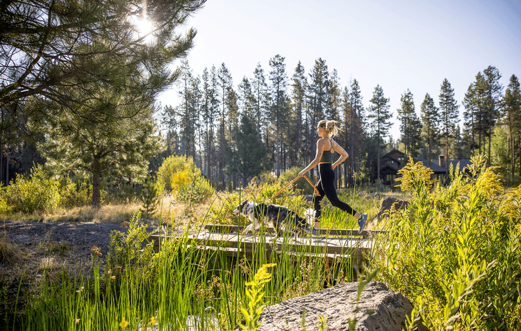 A woman in athletic wear jogs across a small wooden bridge with a dog on a leash, surrounded by tall grass and trees on a sunny day.