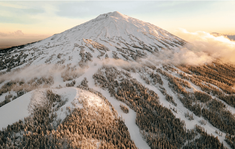 A snow-covered mountain rises above a forest blanketed in snow, with clouds drifting across the trees and soft sunlight illuminating the landscape.