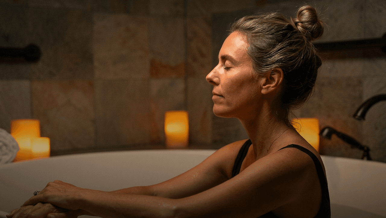 A woman sits quietly with her eyes closed in a warm, candlelit soaking tub, enjoying a peaceful moment of relaxation at a spa.